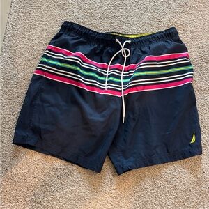 Nautica Men's Navy Swim Shorts with Multicolor Stripes